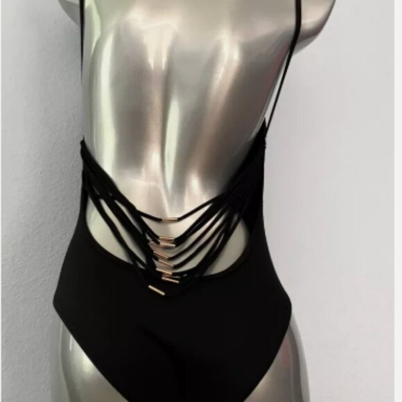 Victorias Secret  Low Strappy Back Black Sexy One Piece Swim Suit; size L - Picture 2 of 8